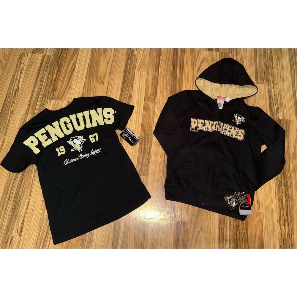 Reebok NEW Pittsburgh Penguins Boys Sz 10/12 T-Shirt Zip Up Hoodie Y2K
